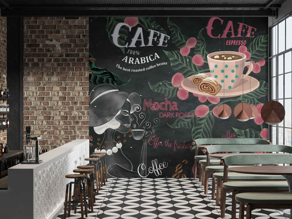 Coffee Shop Wallpaper : Chalkboard Cafe Art Mural - View 2