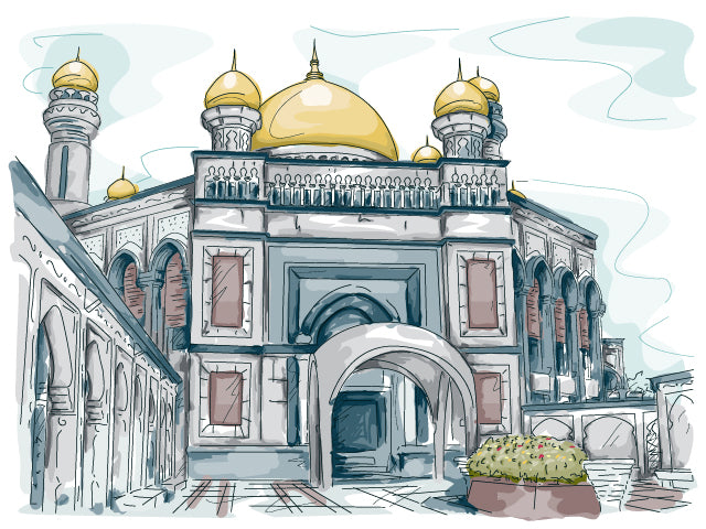 Sketch Palace Wallpaper : Watercolor Domed Building Mural - flat design