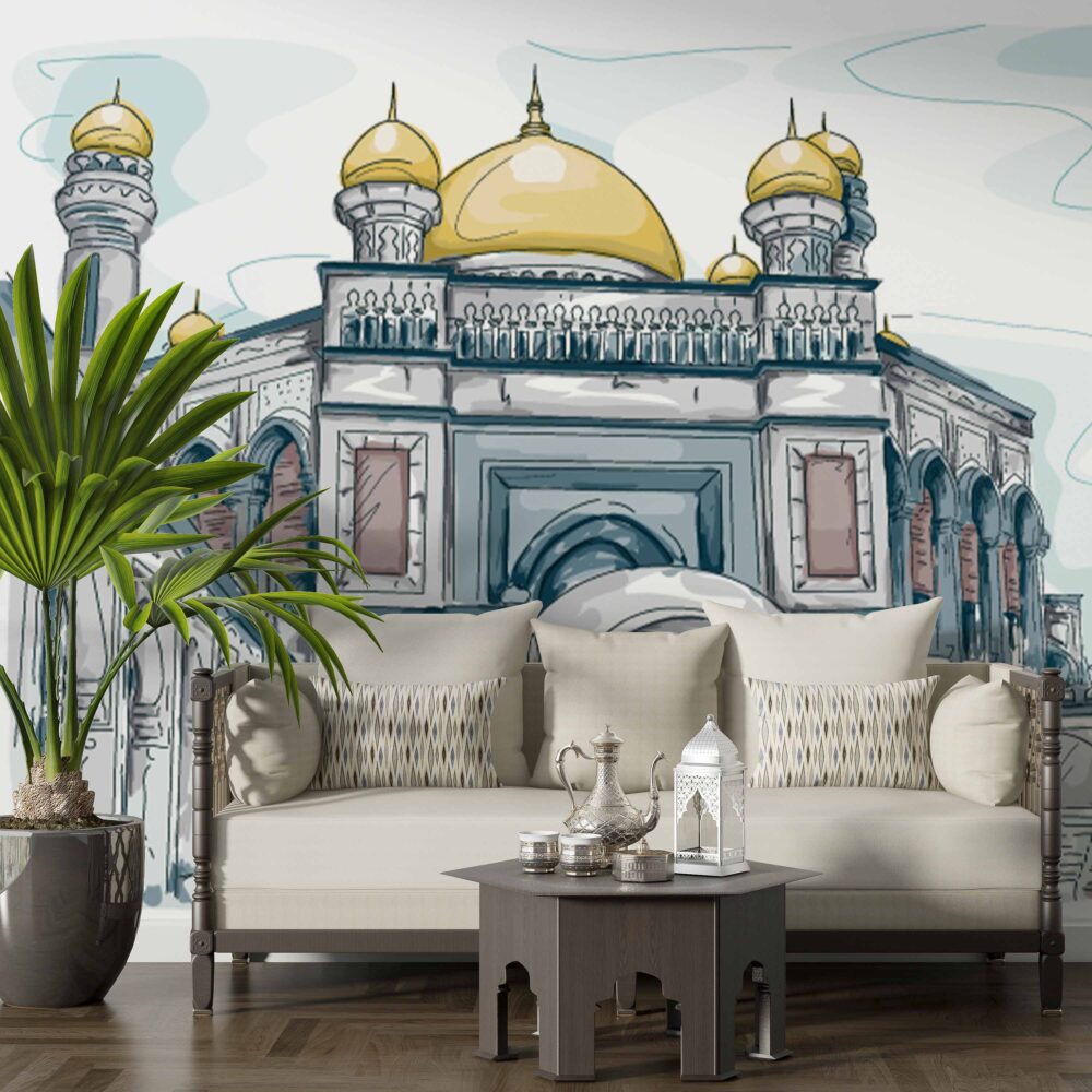 Sketch Palace Wallpaper : Watercolor Domed Building Mural - View 2