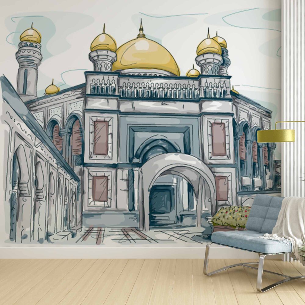 Sketch Palace Wallpaper : Watercolor Domed Building Mural - View 3
