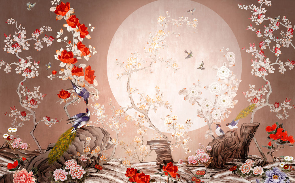Moonlight Blossom Wallpaper : Peacocks and Roses Chinoiserie Mural - View 2