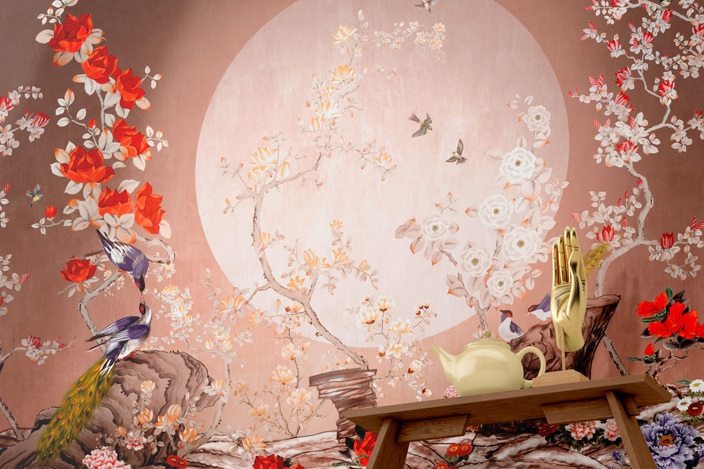 Moonlight Blossom Wallpaper : Peacocks and Roses Chinoiserie Mural - View 3