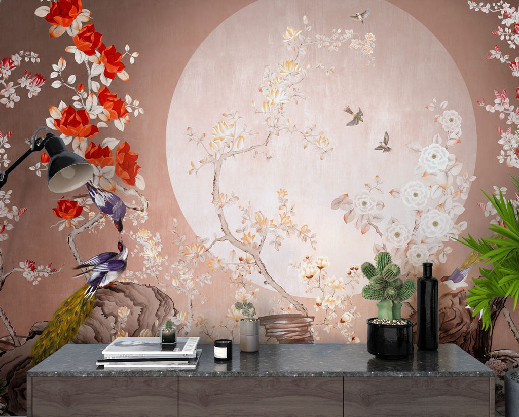 Moonlight Blossom Wallpaper : Peacocks and Roses Chinoiserie Mural - View 4