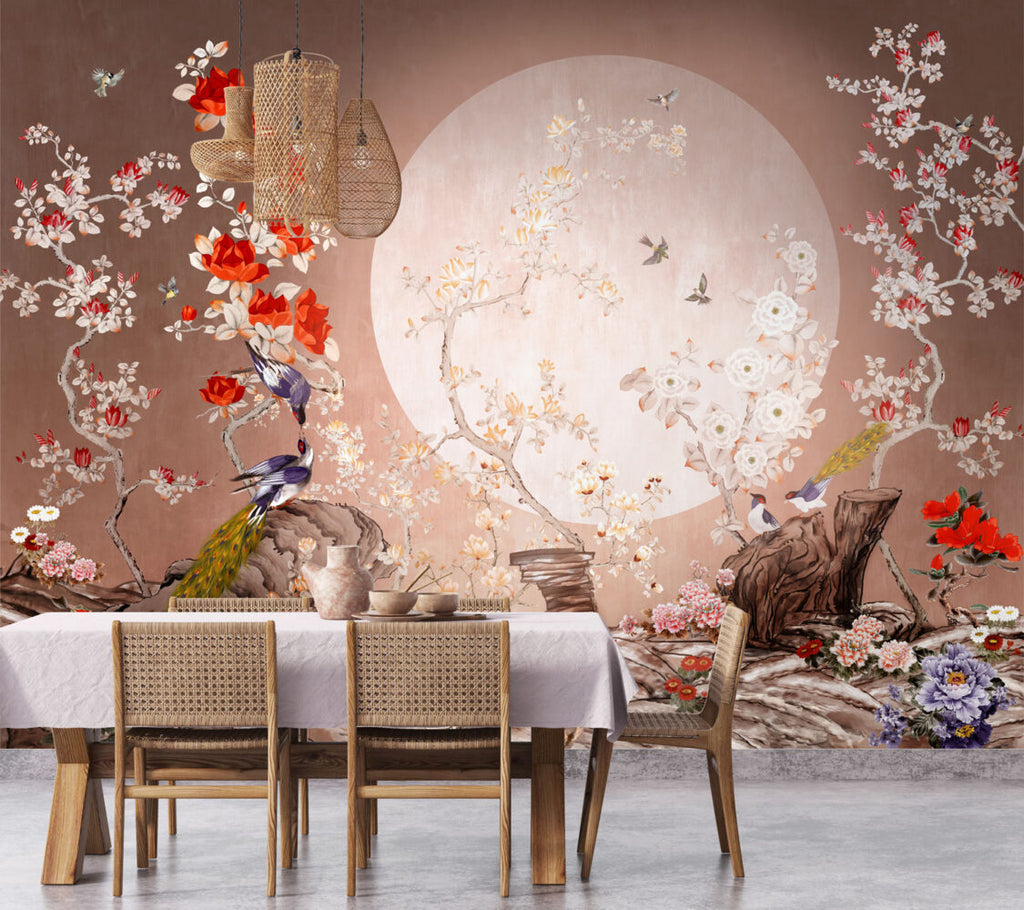 Moonlight Blossom Wallpaper : Peacocks and Roses Chinoiserie Mural - View 5