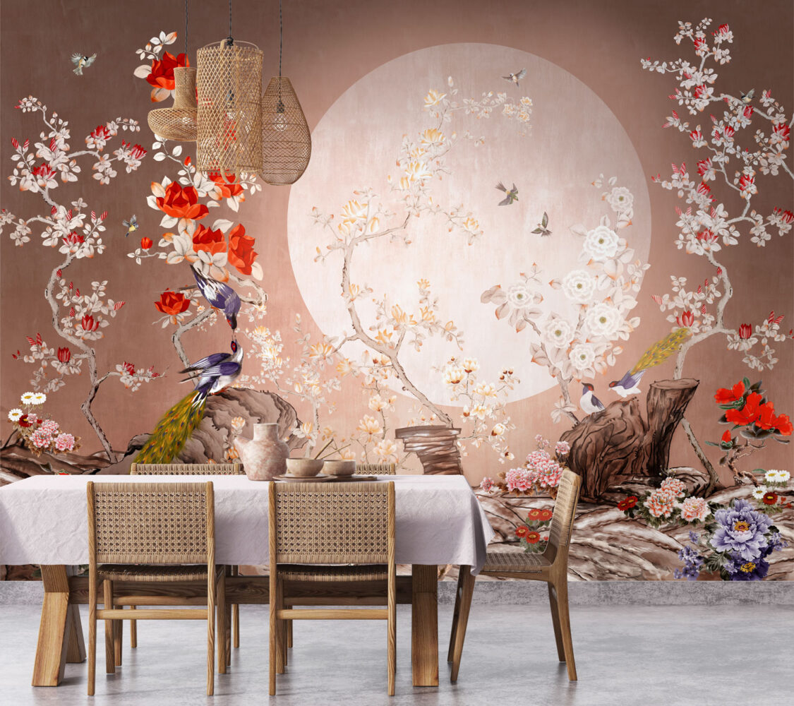 Moonlight Blossom Wallpaper : Peacocks and Roses Chinoiserie Mural - View 5