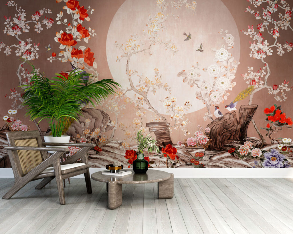 Moonlight Blossom Wallpaper : Peacocks and Roses Chinoiserie Mural