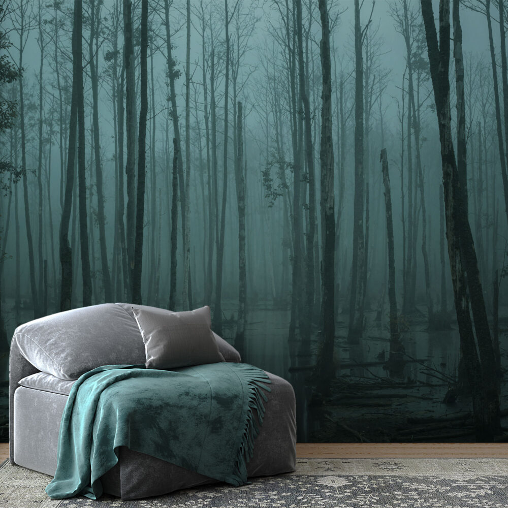 Dark Misty Forest Wallpaper : Teal Swamp Woodland Mural - View 2