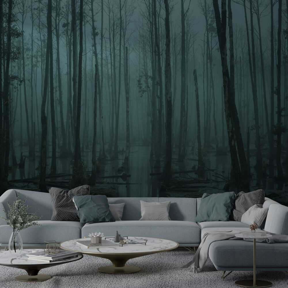 Dark Misty Forest Wallpaper : Teal Swamp Woodland Mural - View 3