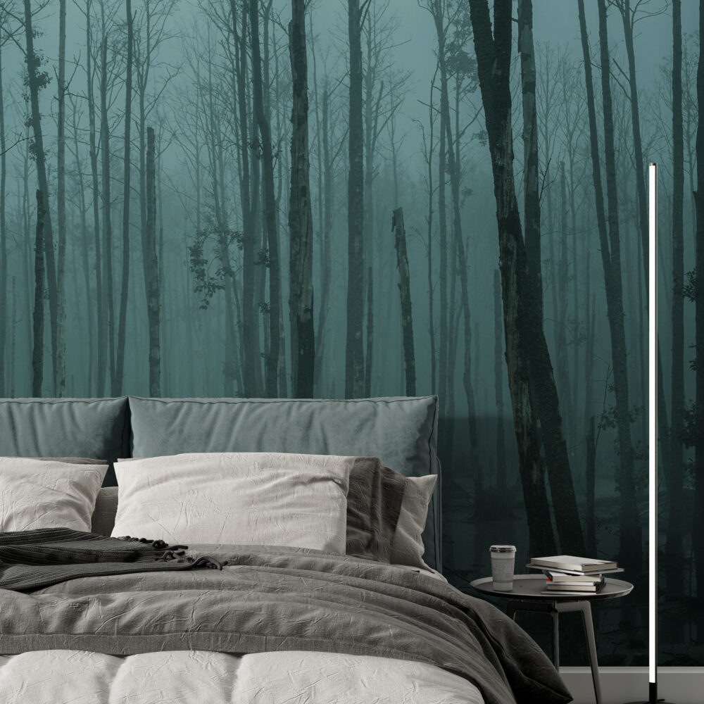 Dark Misty Forest Wallpaper : Teal Swamp Woodland Mural