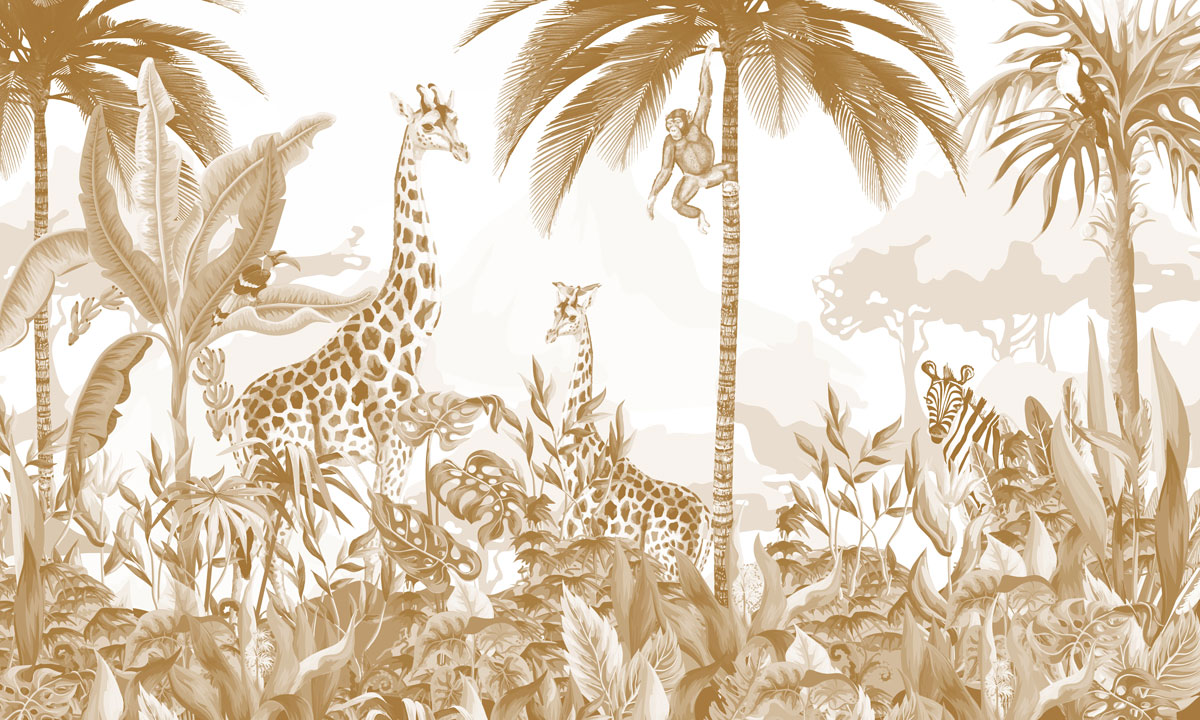 Sepia Jungle Animals Wallpaper : Giraffe and Monkey Toile Mural - flat design