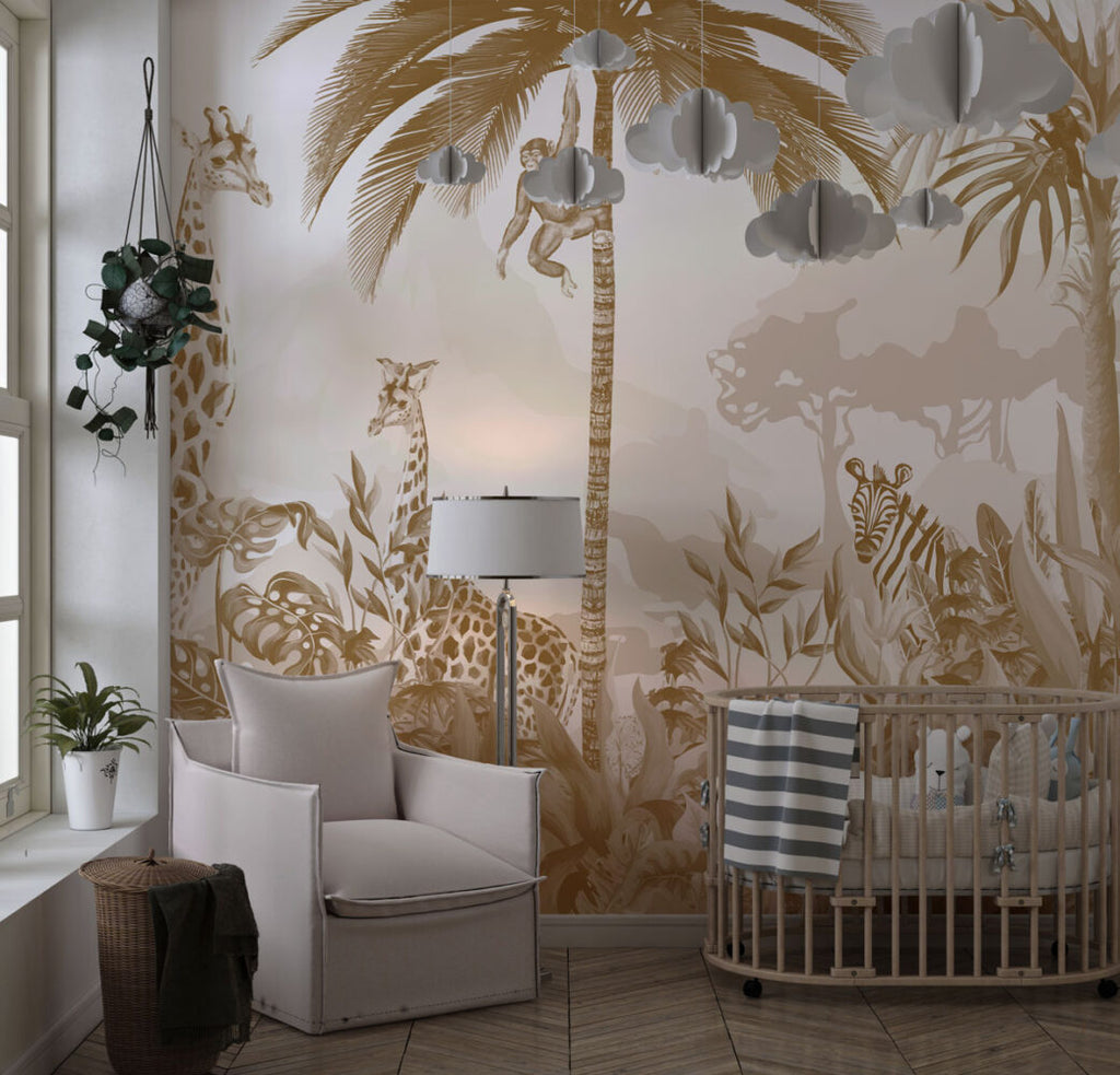 Sepia Jungle Animals Wallpaper : Giraffe and Monkey Toile Mural - View 2