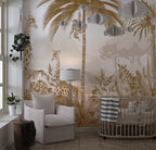Sepia Jungle Animals Wallpaper : Giraffe and Monkey Toile Mural - View 2
