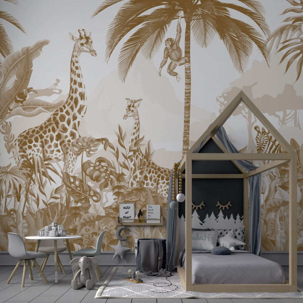 Sepia Jungle Animals Wallpaper : Giraffe and Monkey Toile Mural - View 3