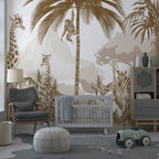 Sepia Jungle Animals Wallpaper : Giraffe and Monkey Toile Mural - View 4