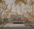 Sepia Jungle Animals Wallpaper : Giraffe and Monkey Toile Mural