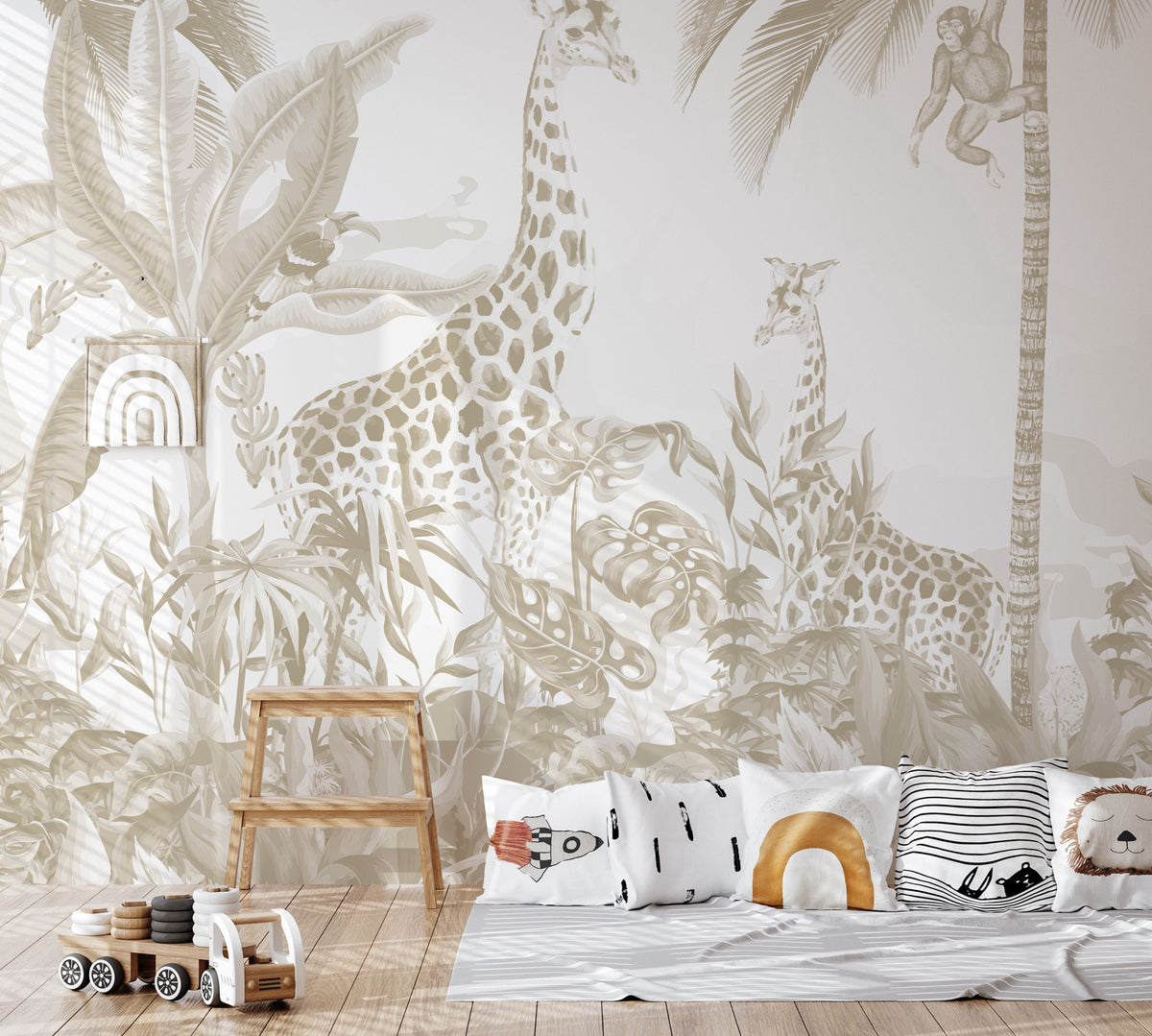 Neutral Jungle Wallpaper : Giraffe and Palms Kids Mural - View 5