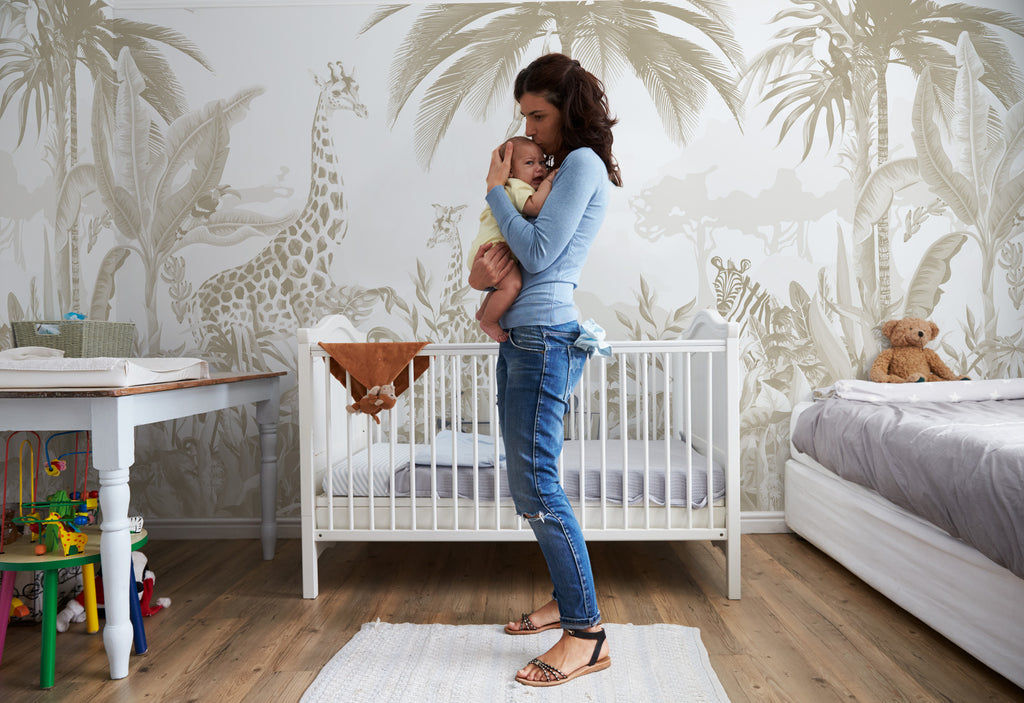 Neutral Jungle Wallpaper : Giraffe and Palms Kids Mural