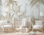Neutral Jungle Wallpaper : Giraffe and Palms Kids Mural - View 3