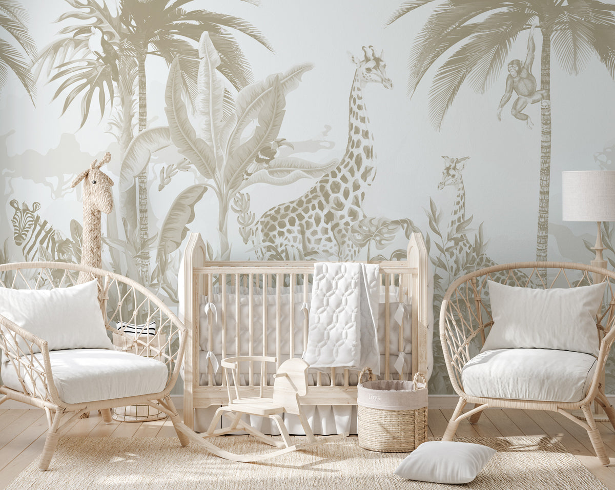 Neutral Jungle Wallpaper : Giraffe and Palms Kids Mural - View 3