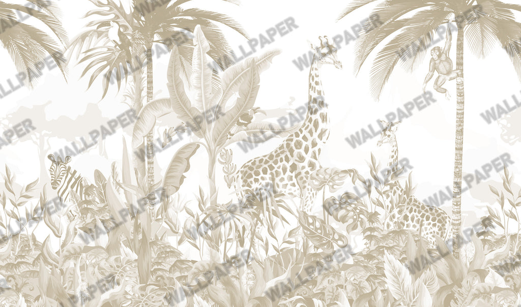 Neutral Jungle Wallpaper : Giraffe and Palms Kids Mural - View 2