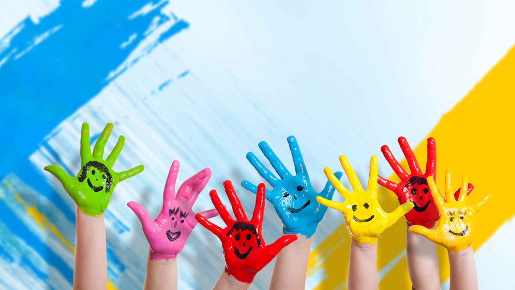 Painted Hands Wallpaper : Colorful Smiley Kids Mural - flat design