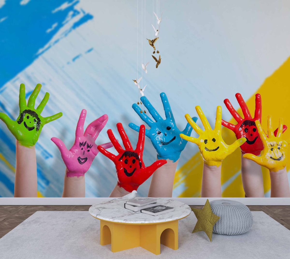 Painted Hands Wallpaper : Colorful Smiley Kids Mural - View 4
