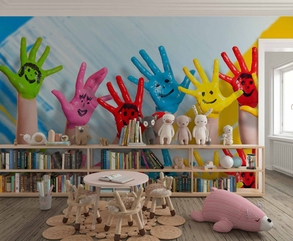 Painted Hands Wallpaper : Colorful Smiley Kids Mural - View 3