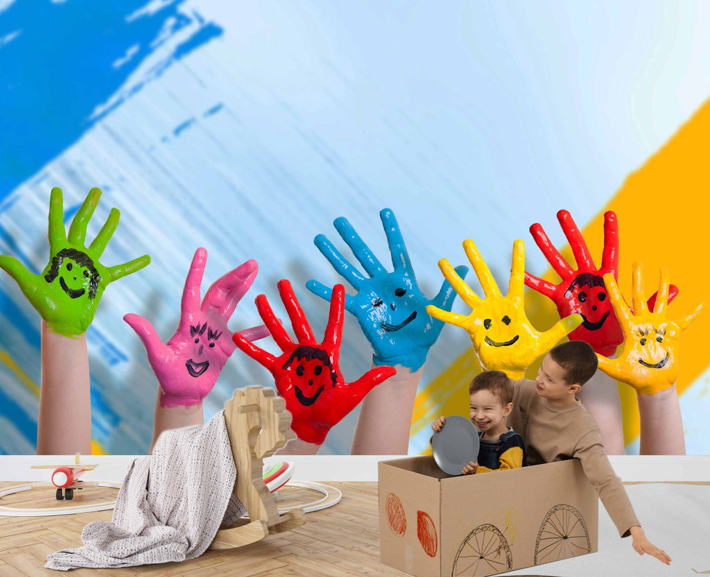 Painted Hands Wallpaper : Colorful Smiley Kids Mural