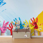 Painted Hands Wallpaper : Colorful Smiley Kids Mural - View 2