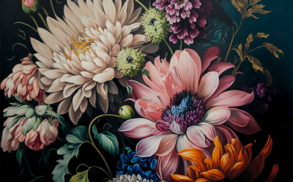 Dark Dahlia Wallpaper : Oversized Moody Floral Mural - flat design