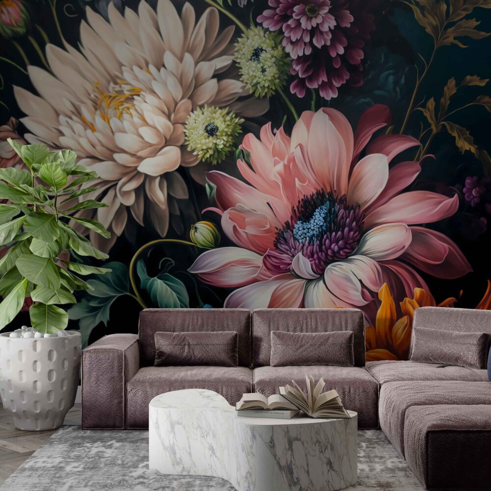 Dark Dahlia Wallpaper : Oversized Moody Floral Mural - View 3