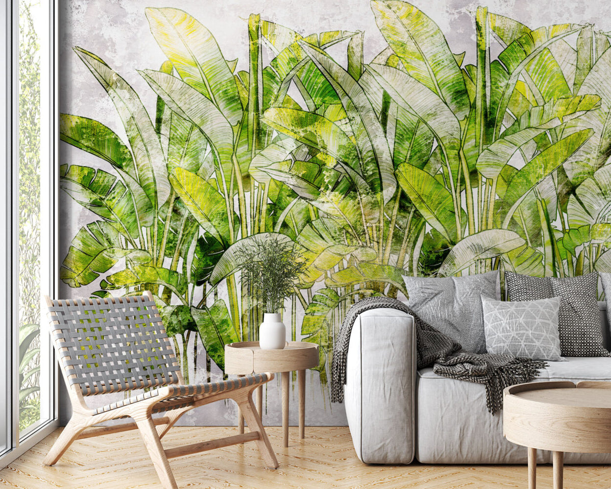Green Banana Leaf Wallpaper : Watercolor Tropical Mural - View 3