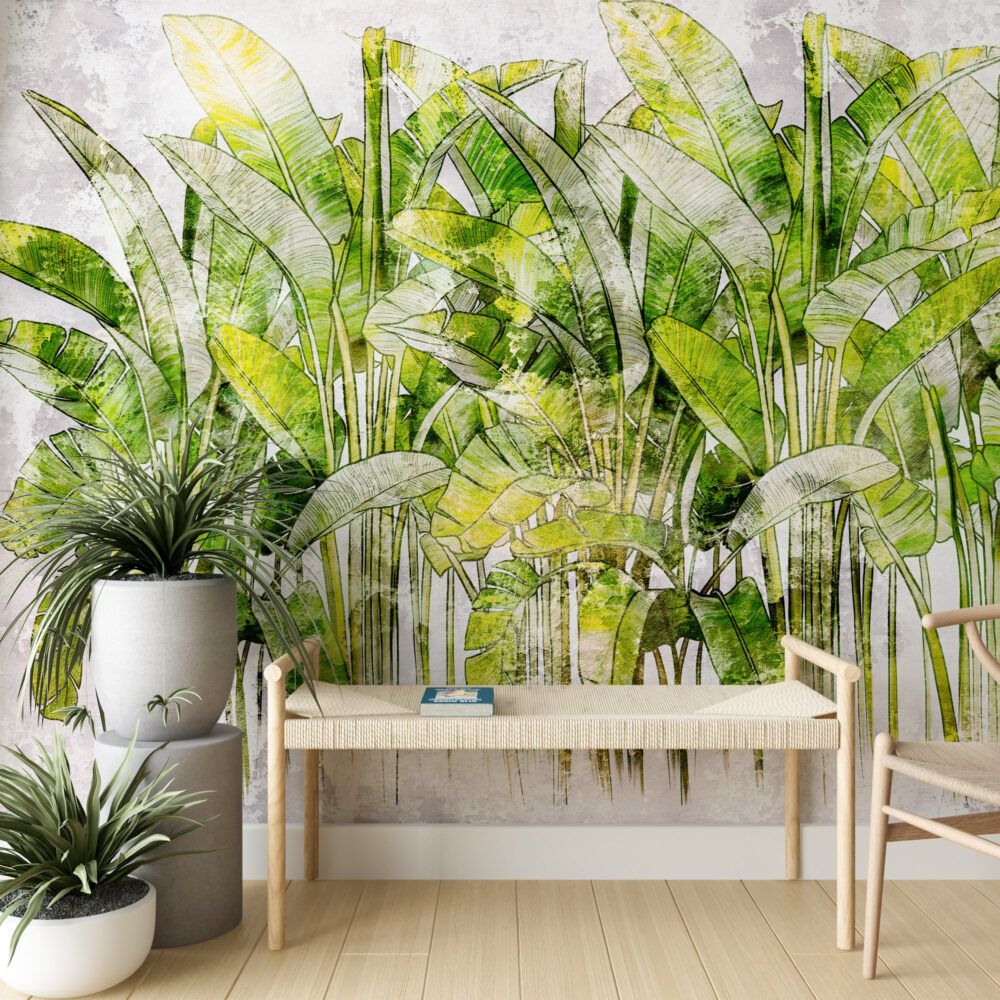 Green Banana Leaf Wallpaper : Watercolor Tropical Mural - View 4
