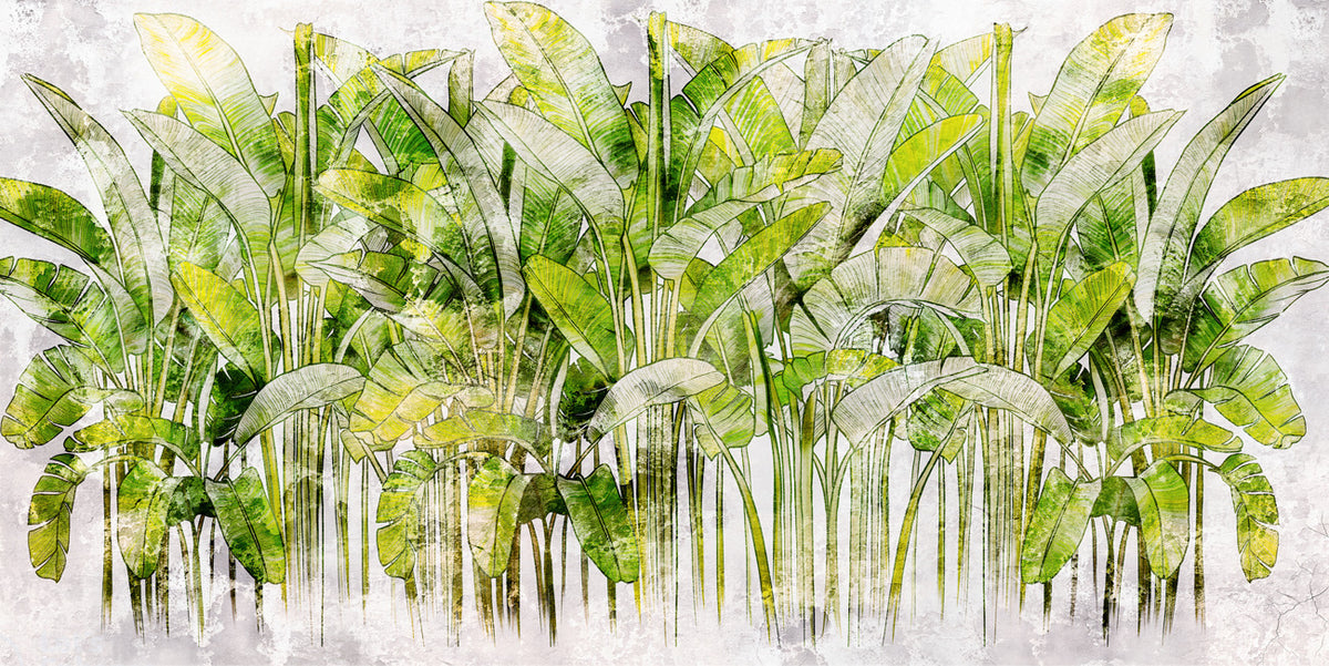 Green Banana Leaf Wallpaper : Watercolor Tropical Mural - flat design