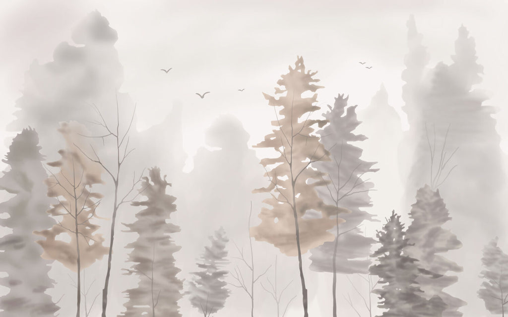 Watercolor Forest Wallpaper : Soft Grey and Beige Trees Mural - flat design