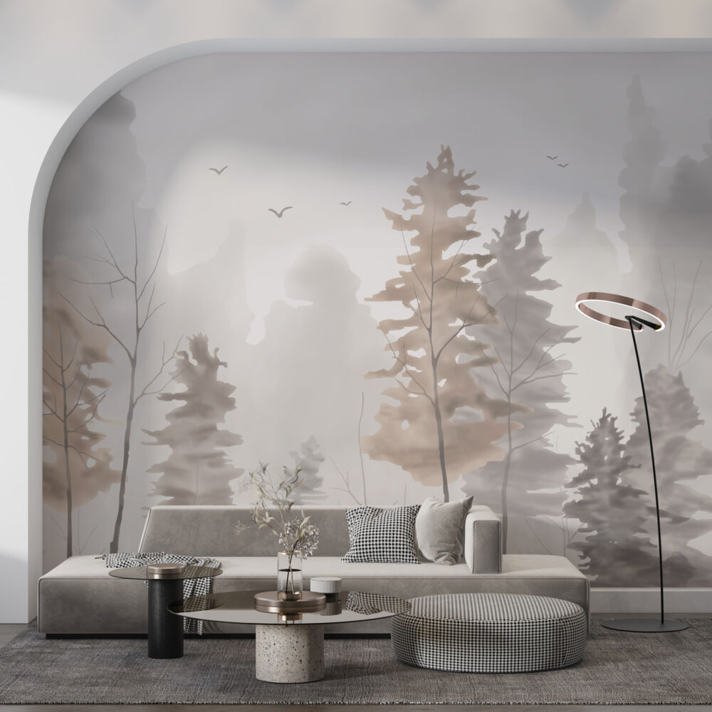 Watercolor Forest Wallpaper : Soft Grey and Beige Trees Mural - View 2