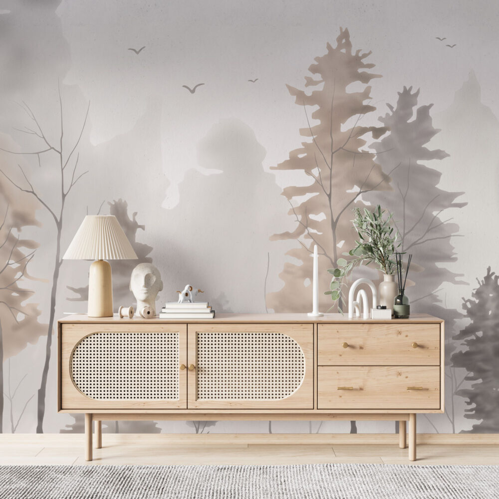 Watercolor Forest Wallpaper : Soft Grey and Beige Trees Mural - View 3