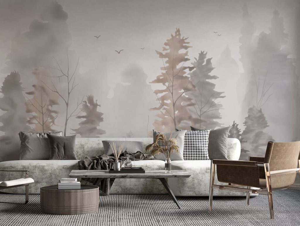 Watercolor Forest Wallpaper : Soft Grey and Beige Trees Mural