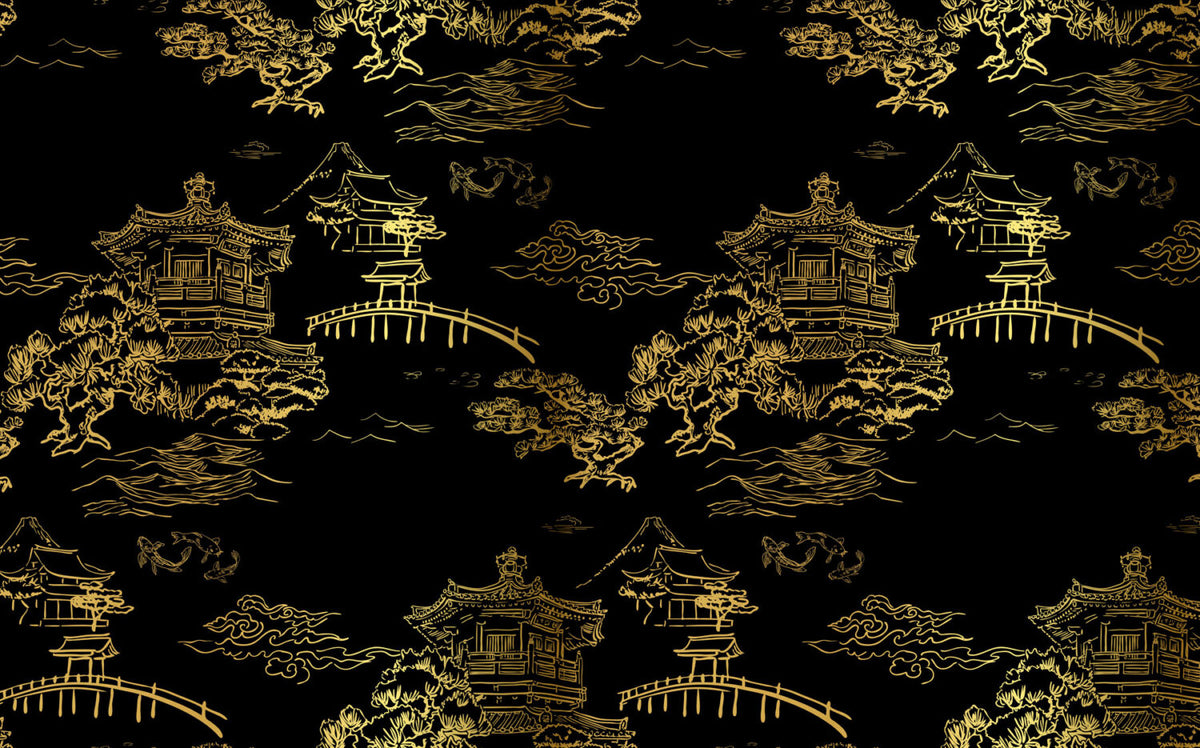 Gold Chinoiserie Wallpaper : Black Pagoda Landscape Mural - View 2