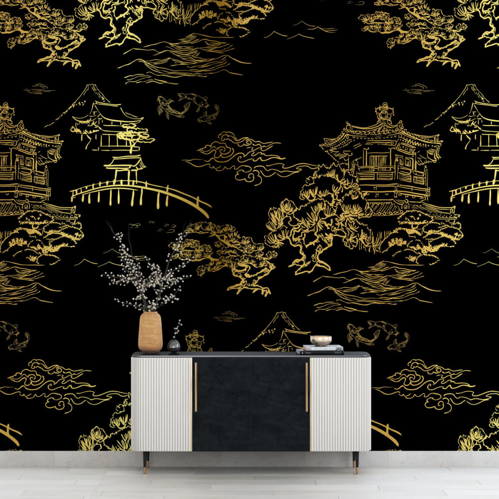 Gold Chinoiserie Wallpaper : Black Pagoda Landscape Mural - View 3