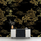 Gold Chinoiserie Wallpaper : Black Pagoda Landscape Mural - View 3