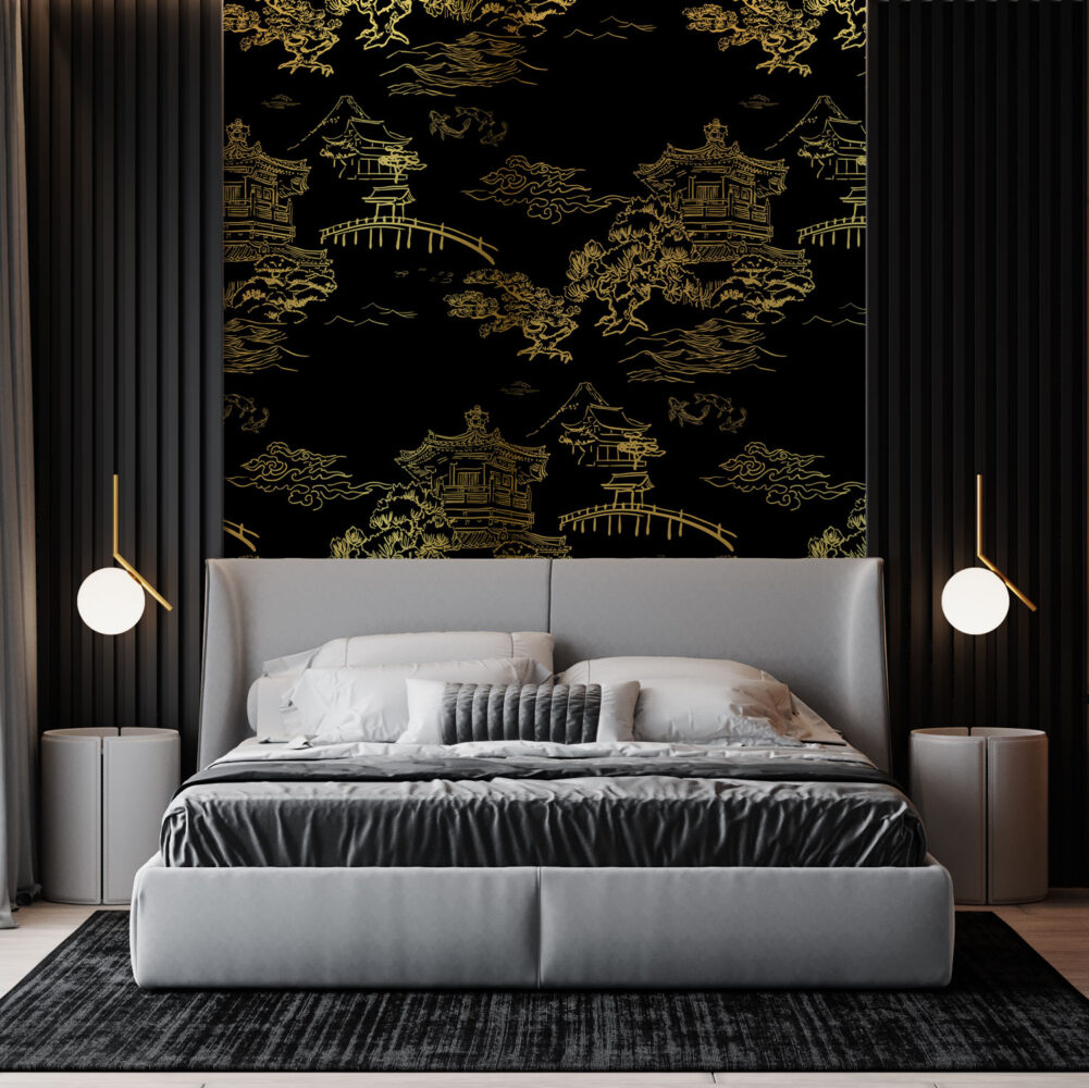 Gold Chinoiserie Wallpaper : Black Pagoda Landscape Mural - View 4