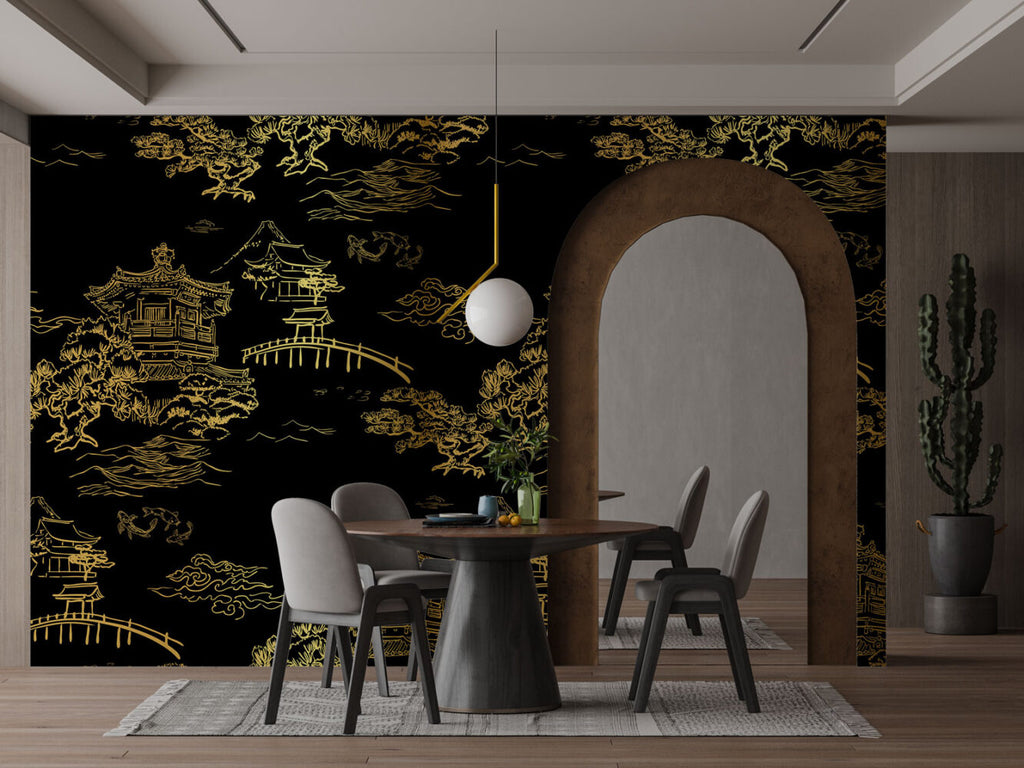 Gold Chinoiserie Wallpaper : Black Pagoda Landscape Mural - View 5