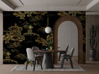 Gold Chinoiserie Wallpaper : Black Pagoda Landscape Mural - View 5