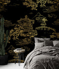 Gold Chinoiserie Wallpaper : Black Pagoda Landscape Mural
