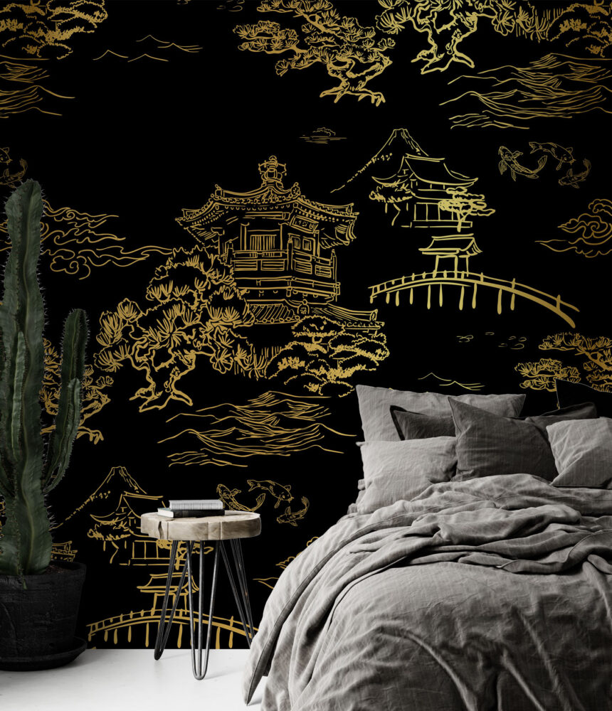 Gold Chinoiserie Wallpaper : Black Pagoda Landscape Mural