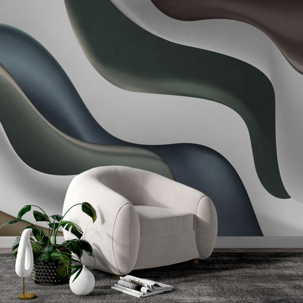 Colorful 3D Wave Wallpaper : Navy and Sage Curves Mural - View 3