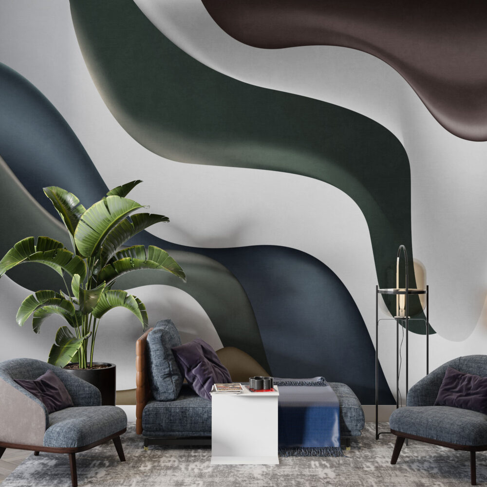 Colorful 3D Wave Wallpaper : Navy and Sage Curves Mural - View 4