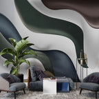 Colorful 3D Wave Wallpaper : Navy and Sage Curves Mural - View 4