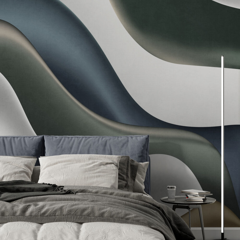 Colorful 3D Wave Wallpaper : Navy and Sage Curves Mural - View 5